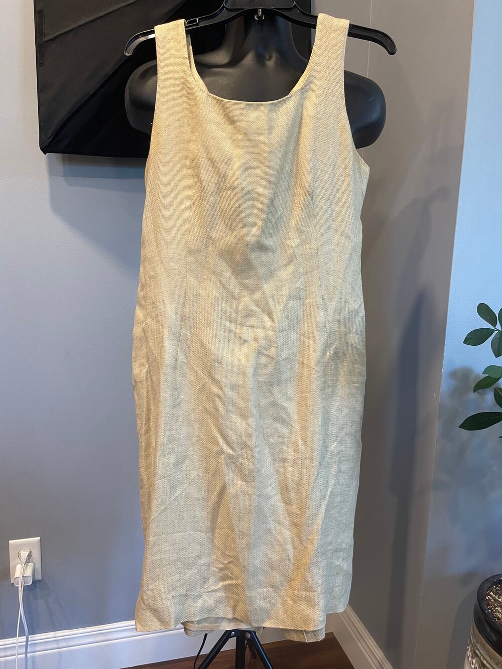 Philippe Adec Gauzy Linen Sleeveless Sheath Dress Beige Coastal Career, Vtg